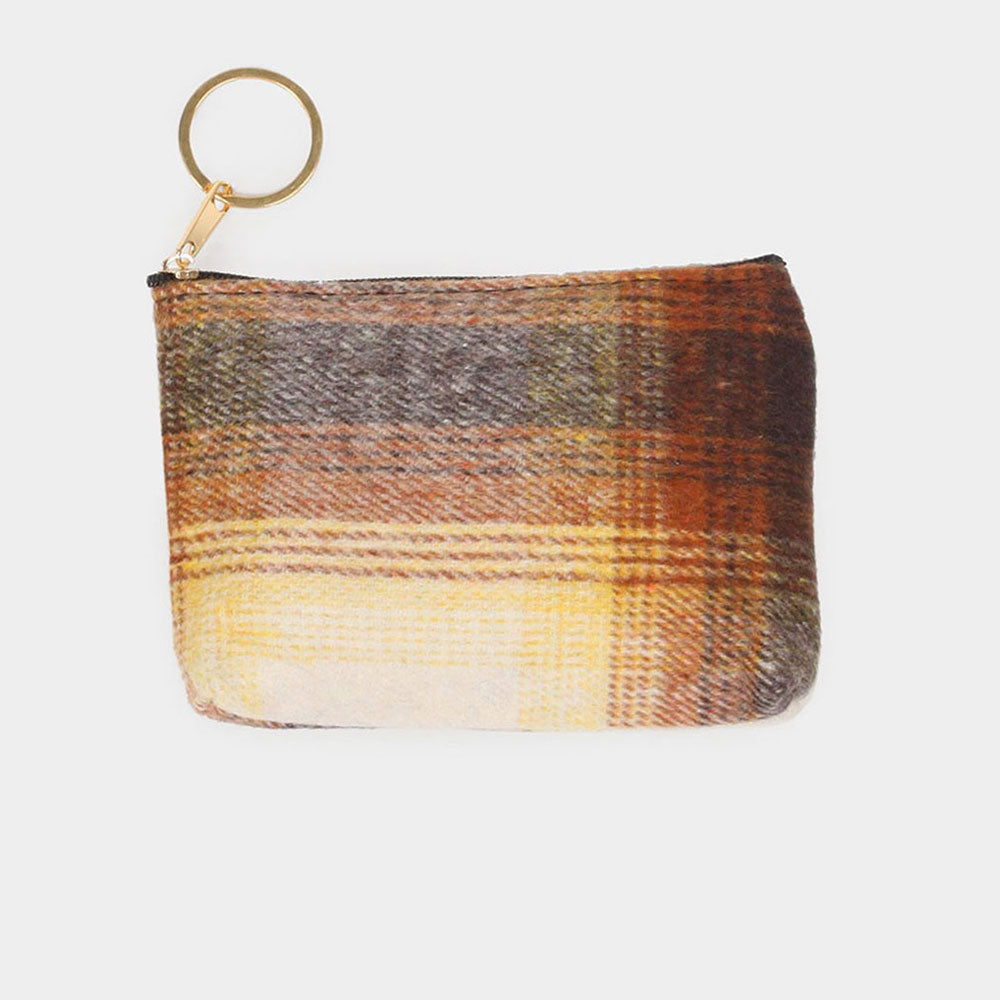 Plaid Check Coin/Card Purse With Keyring Zipper Closure Brown, Beige, & Tan