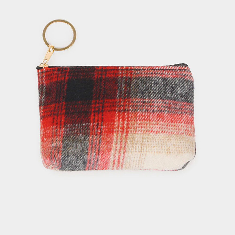 Plaid Check Coin/Card Purse With Keyring Zipper Closure Red, Blk, & Tan