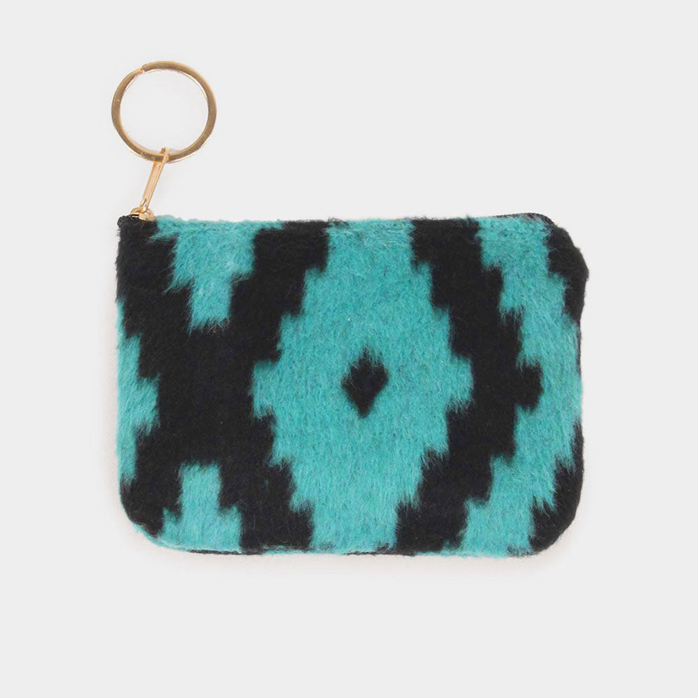 Western Print Coin / Card Purse With Keyring Turq & Black