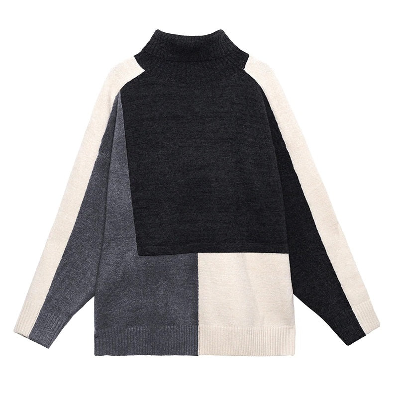 Color-block Oversized Turtleneck Long Sleeve Sweater Black Multi