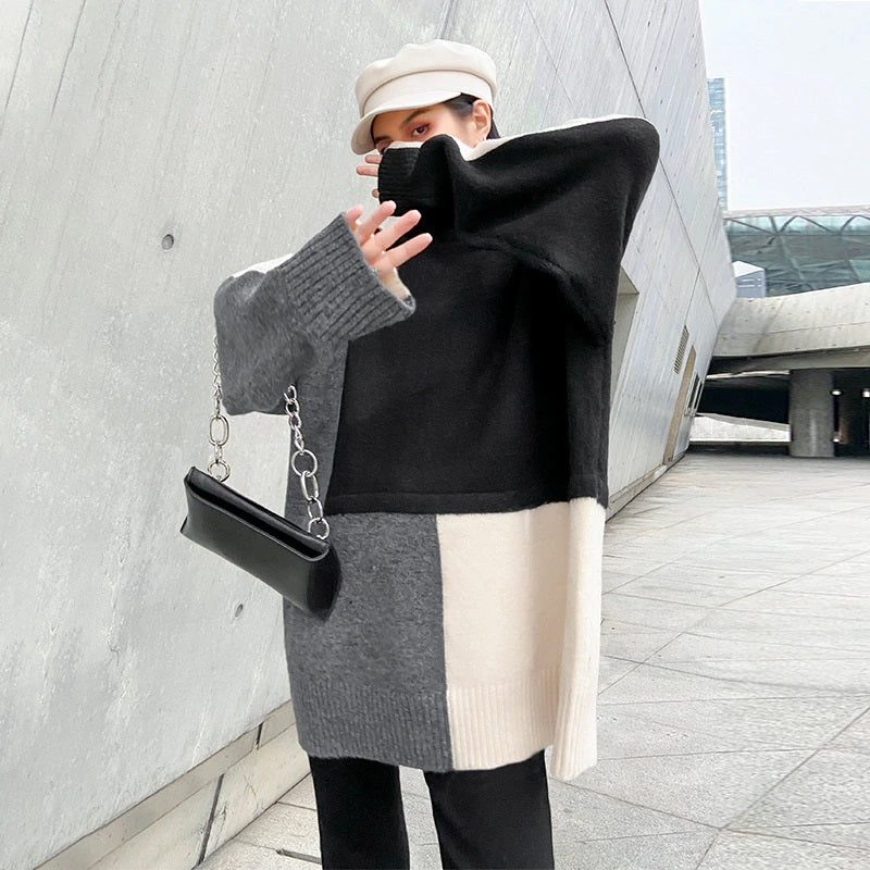 Color-block Oversized Turtleneck Long Sleeve Sweater Black Multi