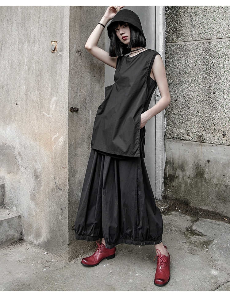High Elastic Waist Pleated Split Joint Wide Leg Pants Trousers Black