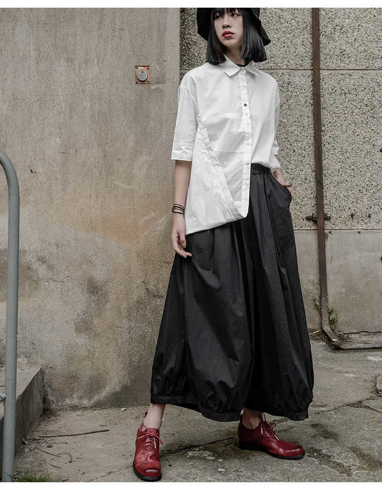 High Elastic Waist Pleated Split Joint Wide Leg Pants Trousers Black