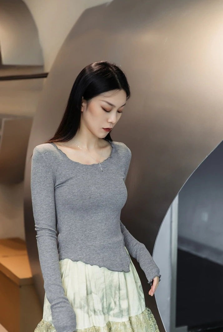 Asymmetrical Split Hem Tee Long Sleeve Gray