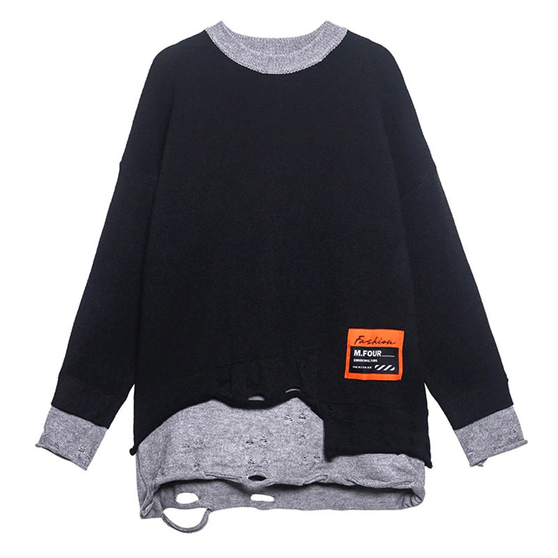 Rounded Collar Two Layer Oversized Knit Tunic Long Sleeve BLK/GRY
