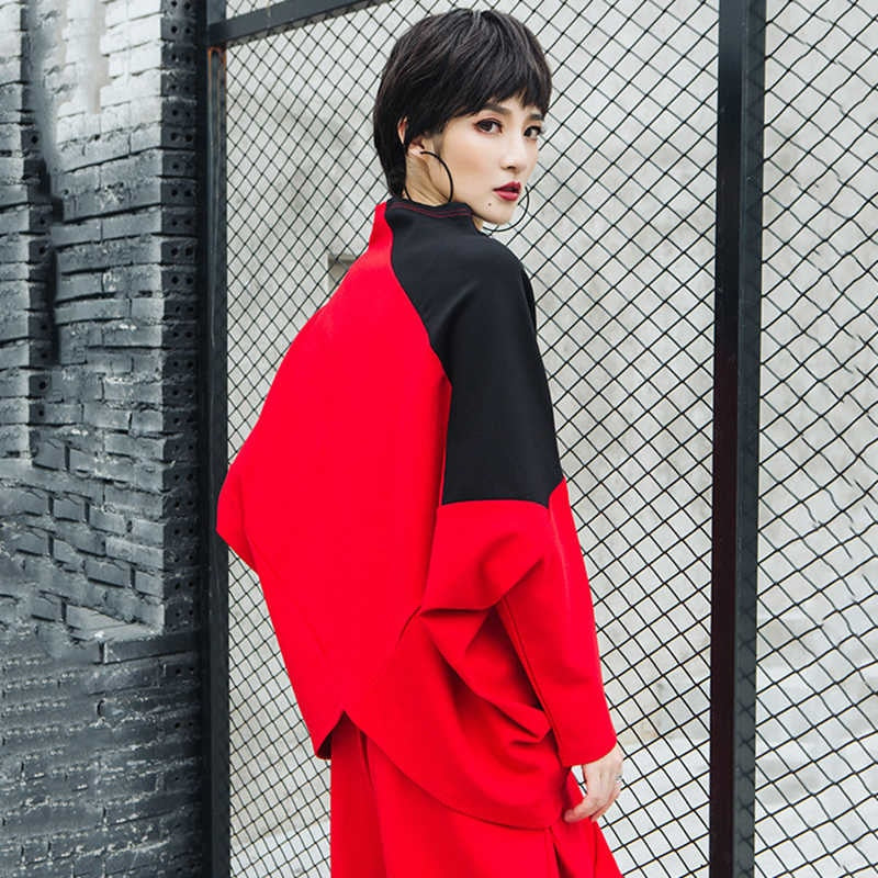 Asymmetrical Hem Pattern Stand Collar Long Sleeve Tunic Top Red/Black