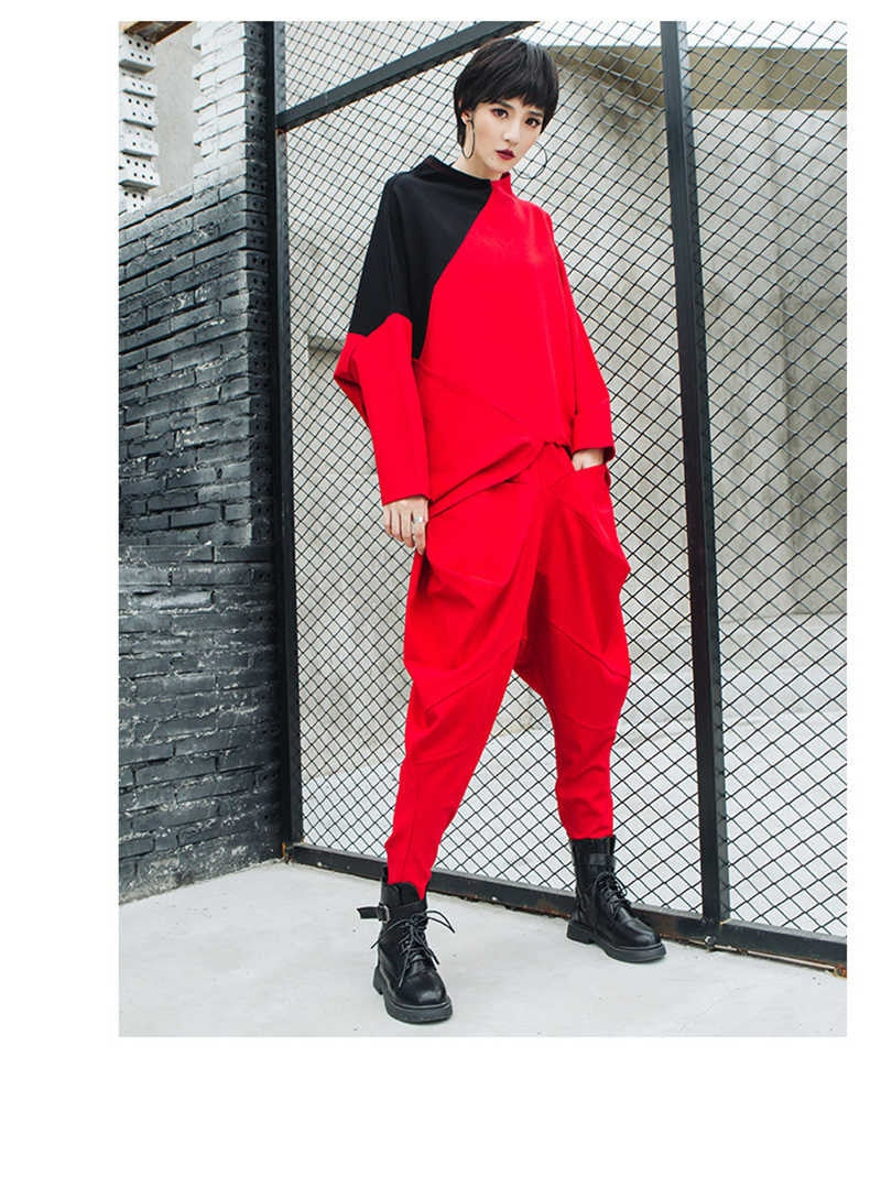 Asymmetrical Hem Pattern Stand Collar Long Sleeve Tunic Top Red/Black