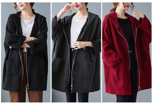Hooded Textured Swing Coat Stripe Fabric Zipper Closure Fall/Winter Cranberry