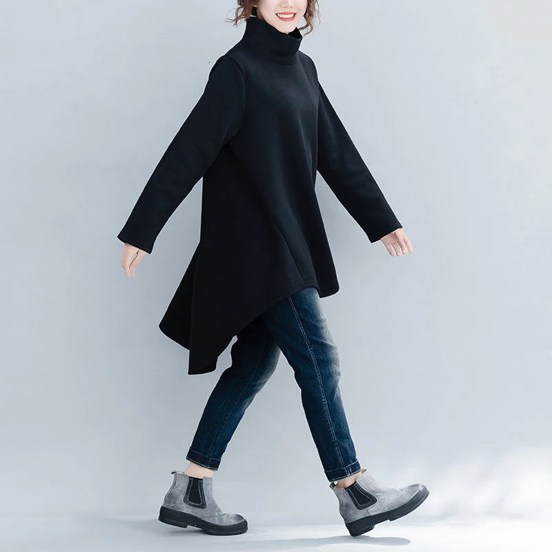 Turtleneck High-Low Asymmetrical Long Sleeve Tunic/ Top Solid Color Black
