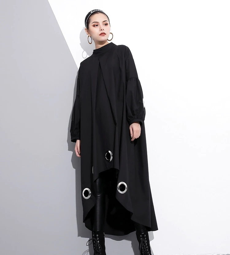 Grommet Accent Disks High Low Dress Long Sleeve Black