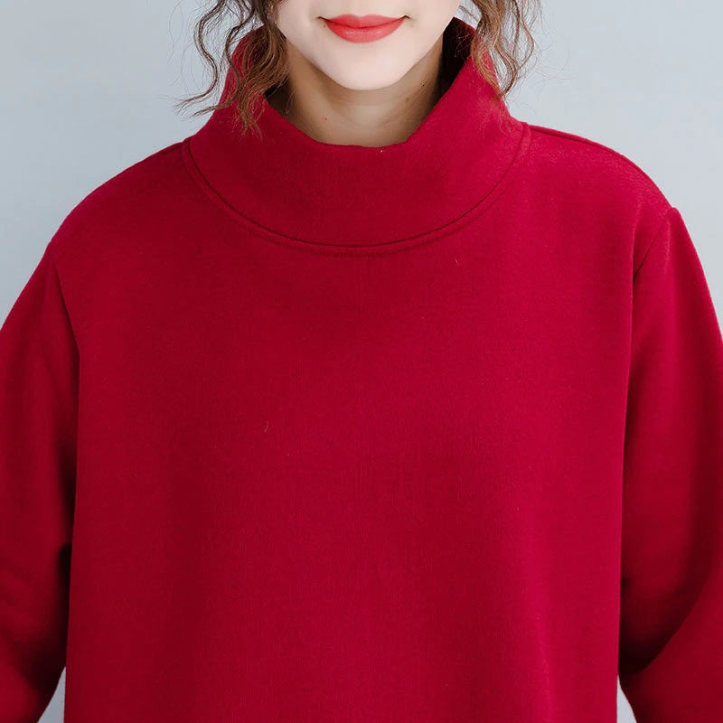 Turtleneck High-Low Asymmetrical Long Sleeve Tunic/ Top Solid Color Red