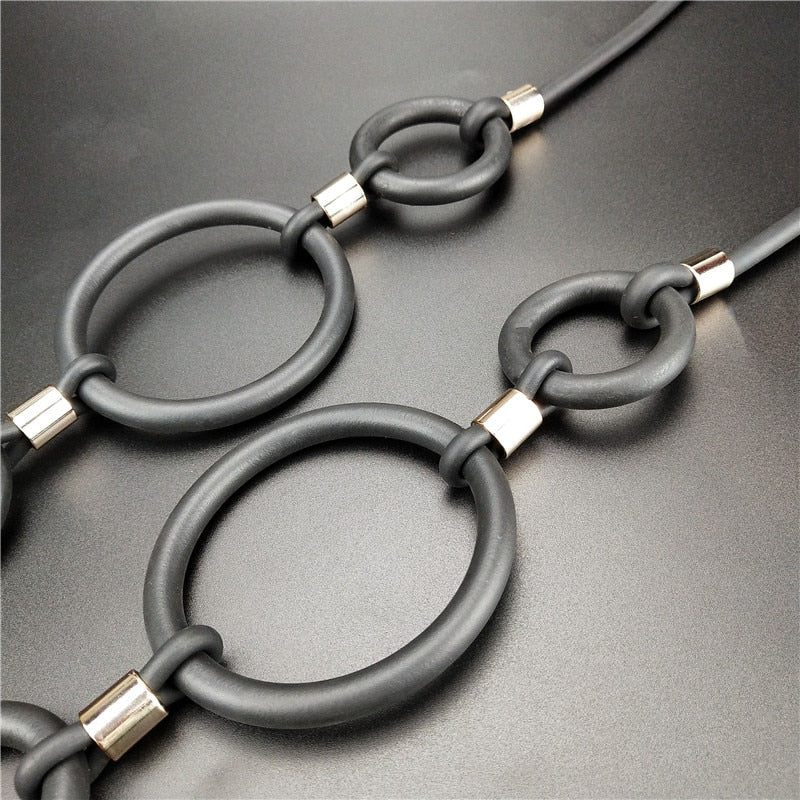 Recycled Rubber and Silicone Geo Circle Link Long Necklace Black