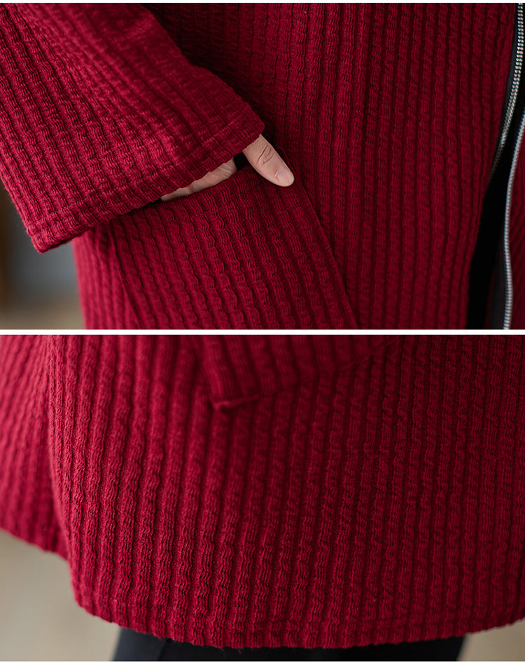 Hooded Textured Swing Coat Stripe Fabric Zipper Closure Fall/Winter Cranberry