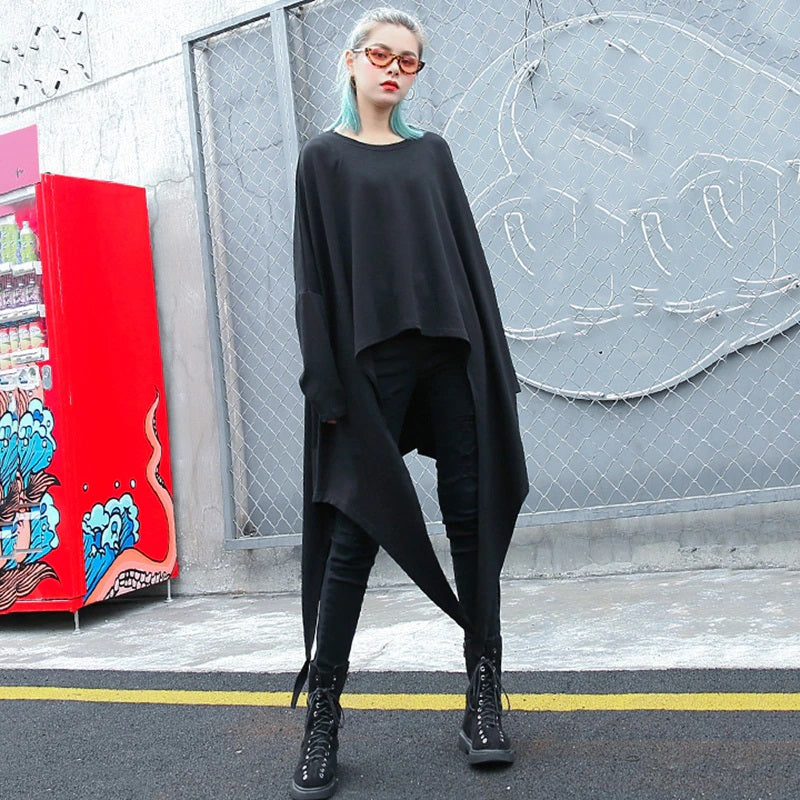 Irregular Hem Jersey Rounded Collar Long Sleeve Top Black
