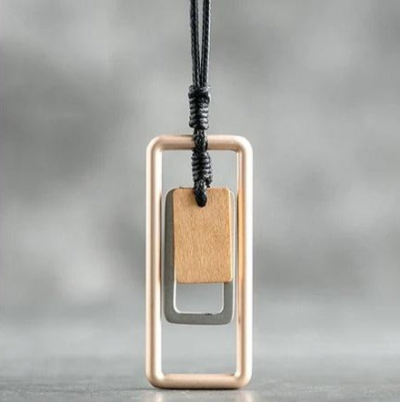 Long Necklace Metal & Wood Geometric Rect. Pendant on Black Leather Cord Rose Gold/Brown Wood