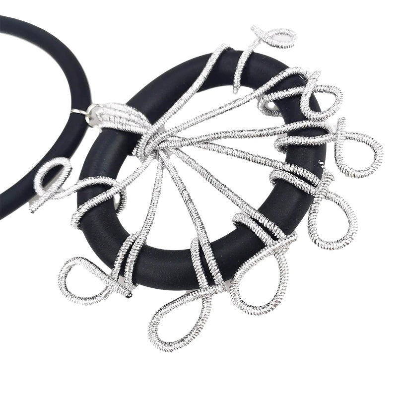 Recycled Rubber and Silicone Peacock Pendant Long Necklace Silver Cord and Black