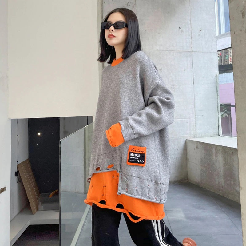 Rounded Collar Two Layer Oversized Knit Tunic Long Sleeve Gray/Orange