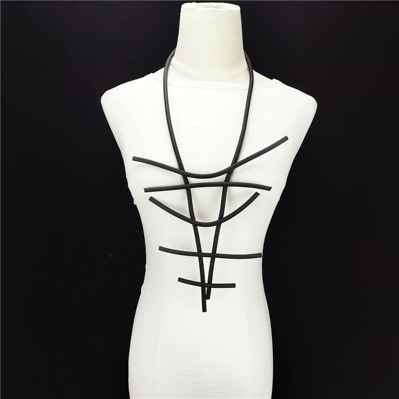 Recycled Rubber and Silicone Long Geometric Statement Necklace Black
