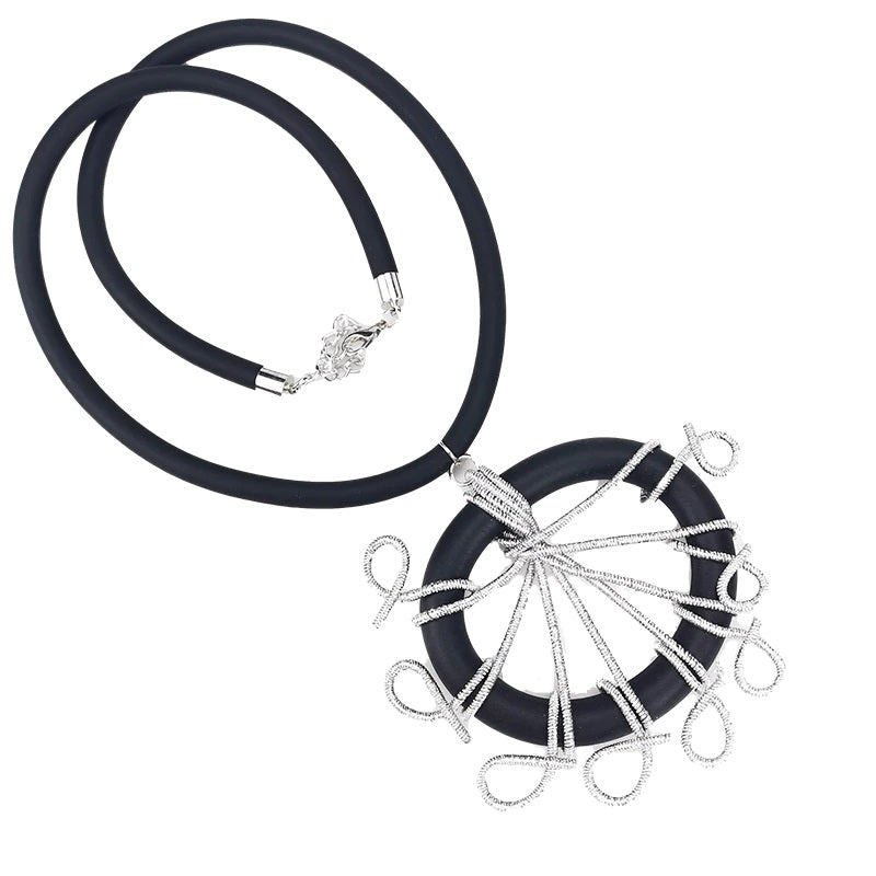 Recycled Rubber and Silicone Peacock Pendant Long Necklace Silver Cord and Black