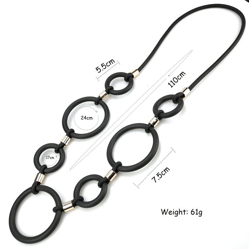 Recycled Rubber and Silicone Geo Circle Link Long Necklace Black