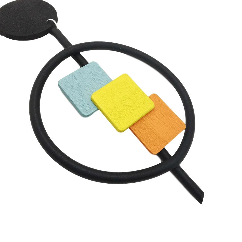 Recycled Rubber/Silicone Round Drop Earrings with Geometric Wooden Accents