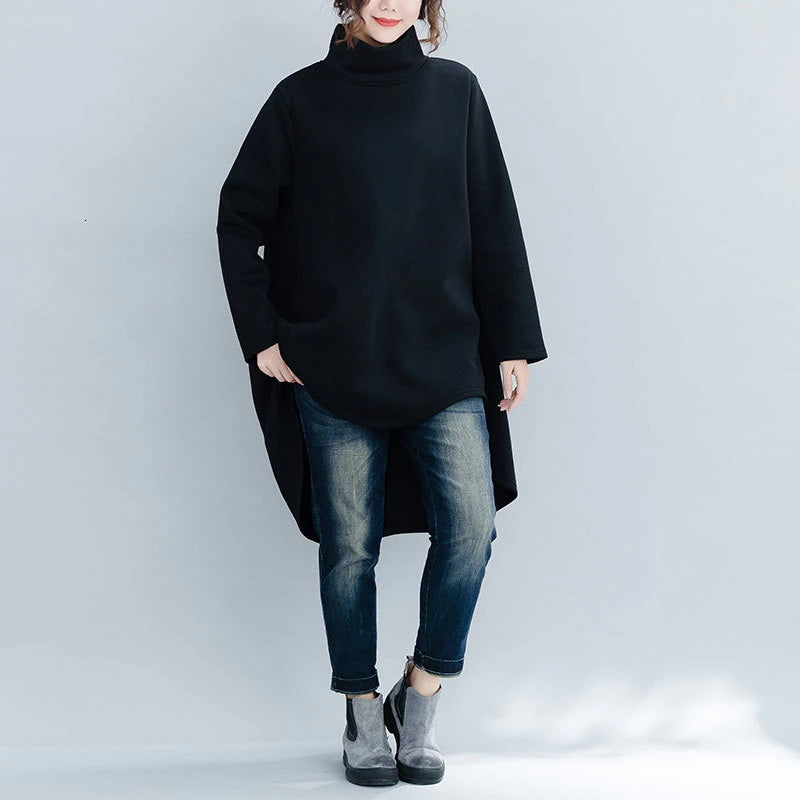Turtleneck High-Low Asymmetrical Long Sleeve Tunic/ Top Solid Color Black