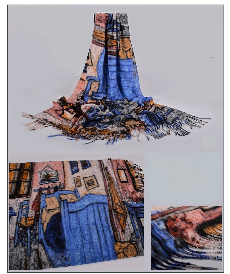 Art Printed Fall/Winter Scarf Van Gogh "Bedroom-at-Arles" Blue