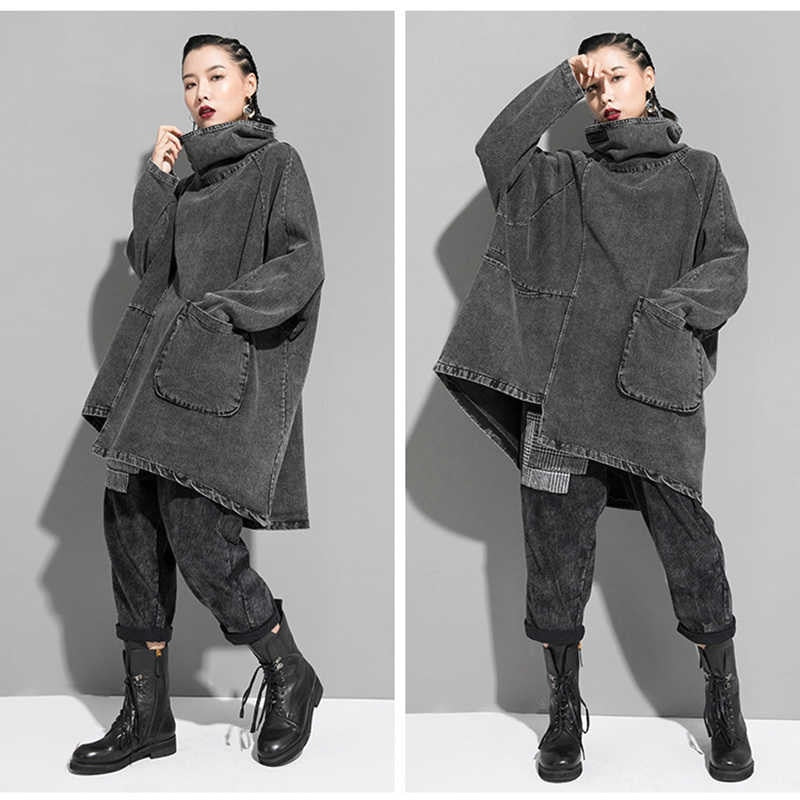Black Denim Asymmetrical Tunic Oversized High Collar