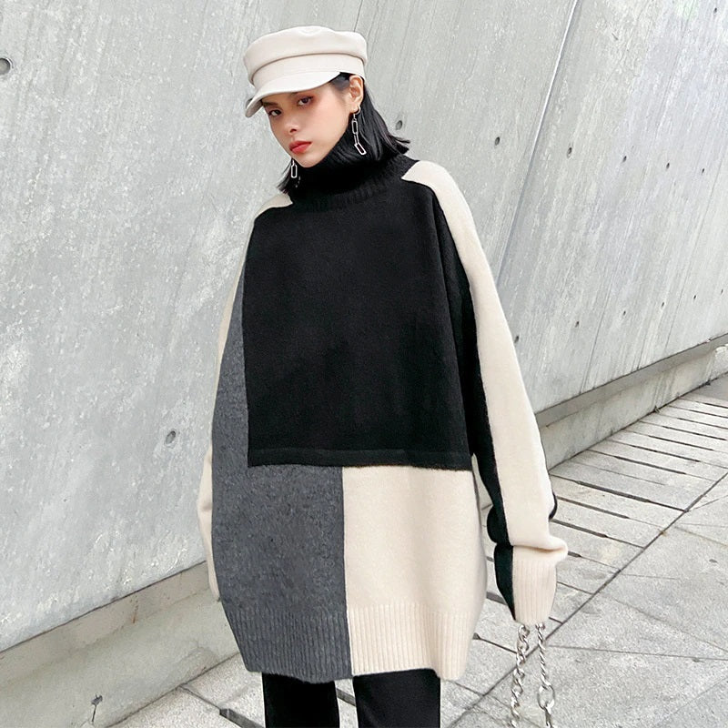 Color-block Oversized Turtleneck Long Sleeve Sweater Black Multi