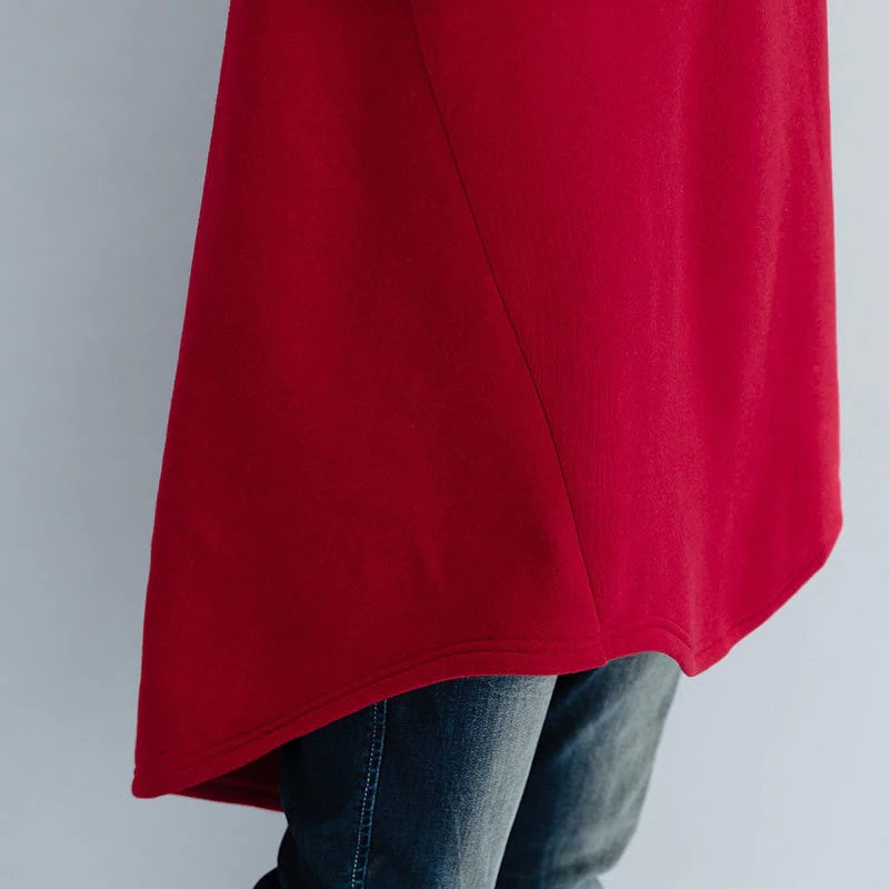 Turtleneck High-Low Asymmetrical Long Sleeve Tunic/ Top Solid Color Red