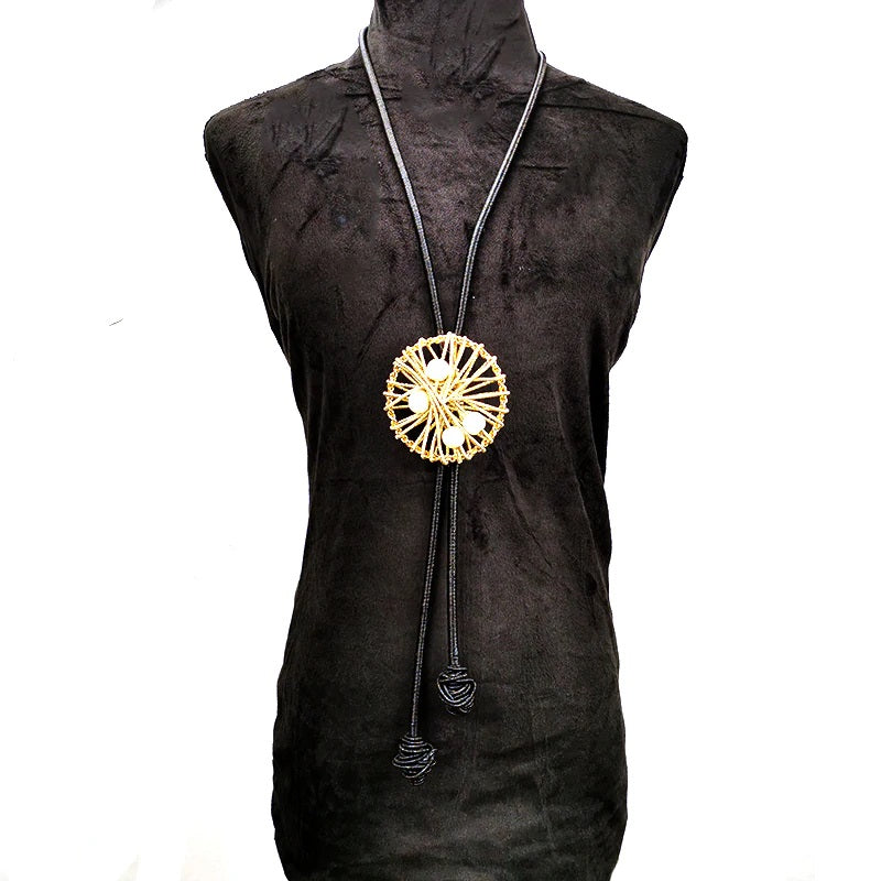 Geometric Woven Gold Pendant with Faux Pearls Black Cord Long Necklace