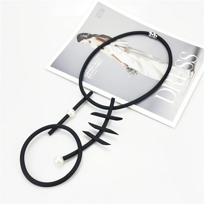 Recycled Rubber and Silicone Geometric Pearl Statement Pendant Necklace Black