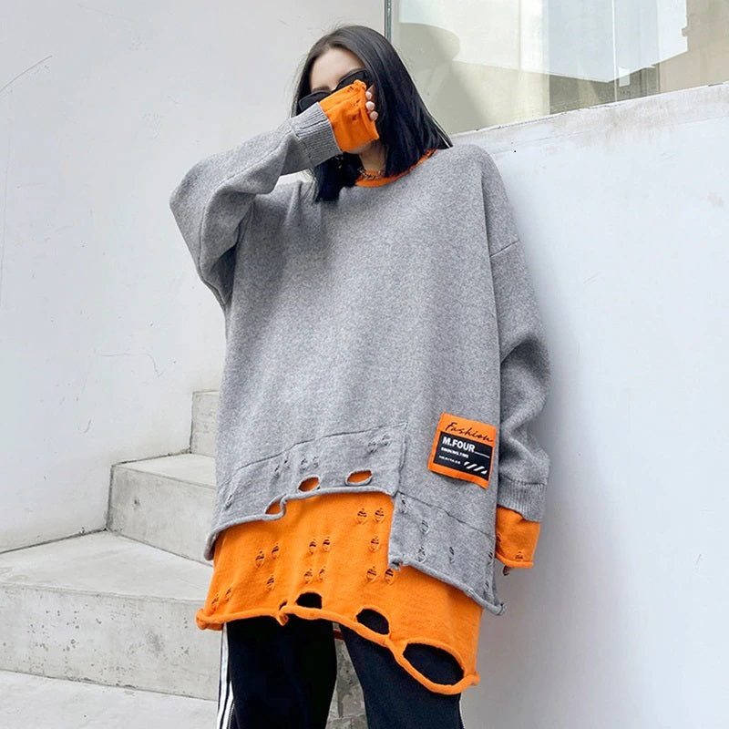 Rounded Collar Two Layer Oversized Knit Tunic Long Sleeve Gray/Orange
