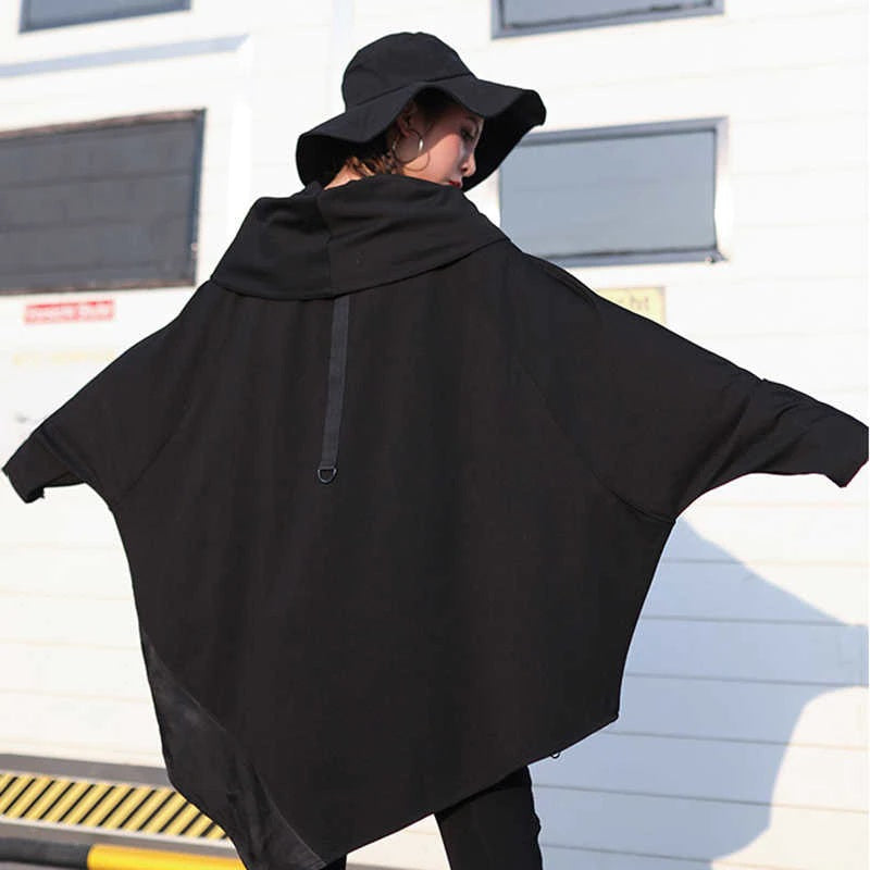 Asymmetrical Hem Scarf Collar Long Sleeve with Zipper Accents Tunic Top Black