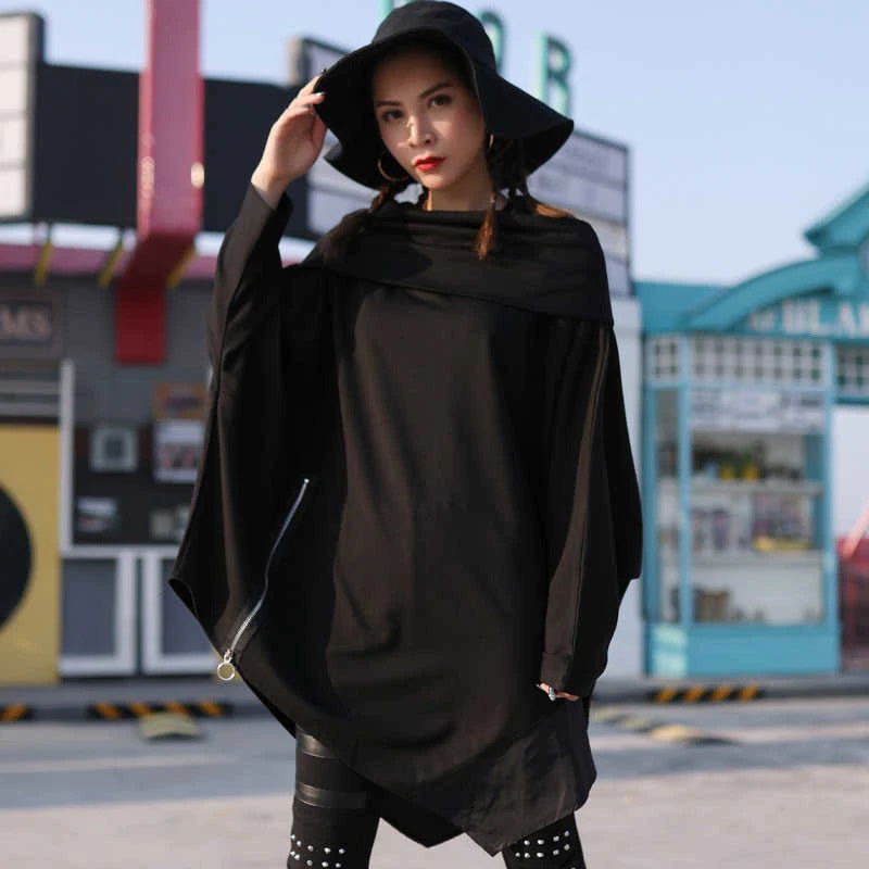 Asymmetrical Hem Scarf Collar Long Sleeve with Zipper Accents Tunic Top Black