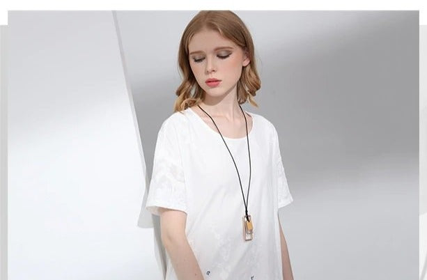 Long Necklace Metal & Wood Geometric Rect. Pendant on Black Leather Cord Rose Gold/Brown Wood