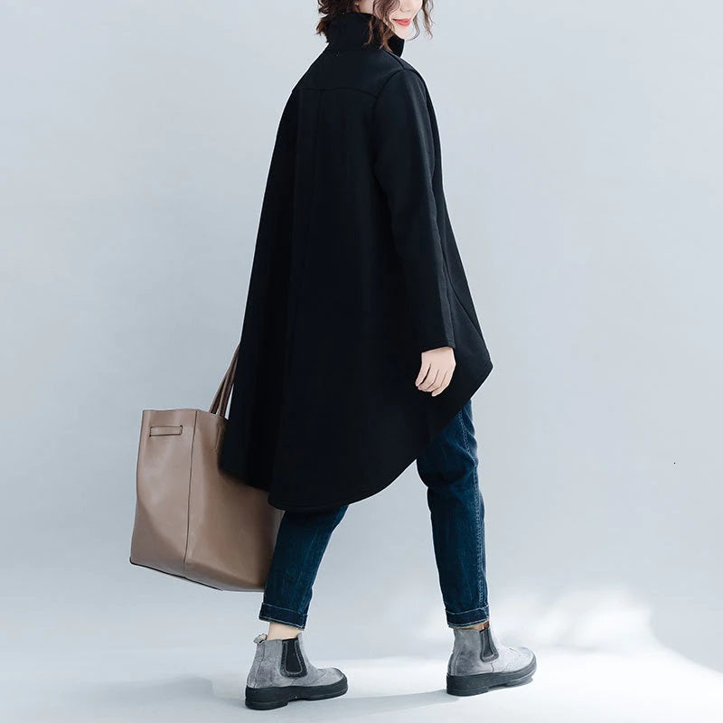 Turtleneck High-Low Asymmetrical Long Sleeve Tunic/ Top Solid Color Black