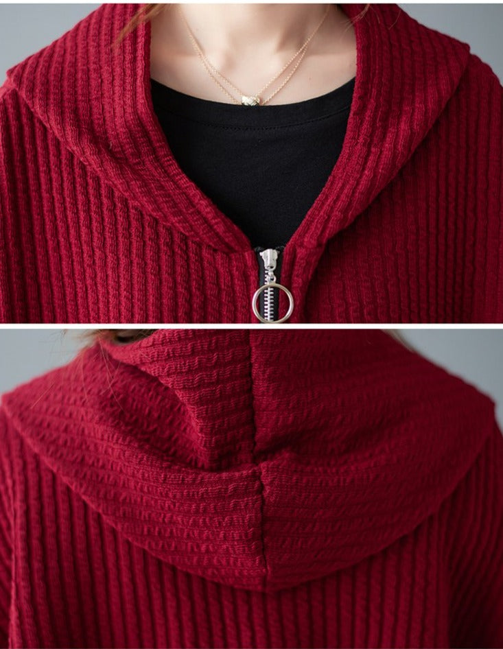 Hooded Textured Swing Coat Stripe Fabric Zipper Closure Fall/Winter Cranberry