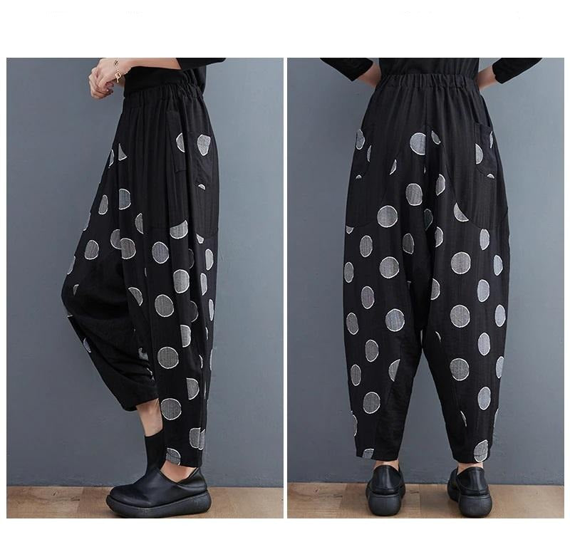 Broadcloth Dot Accent Harem Pants with Pockets Black with Gray Dots