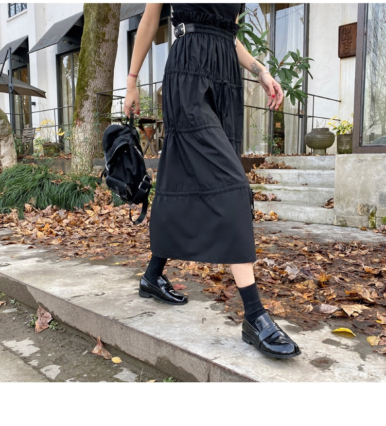 High Waisted Tulip Skirt Long Skirt with Leather Belt at Waist Band Black