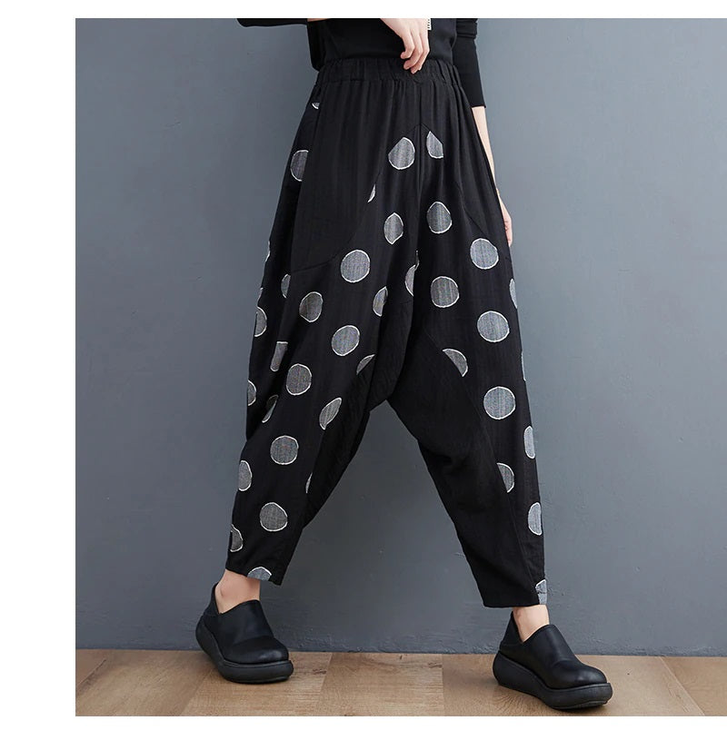 Broadcloth Dot Accent Harem Pants with Pockets Black with Gray Dots