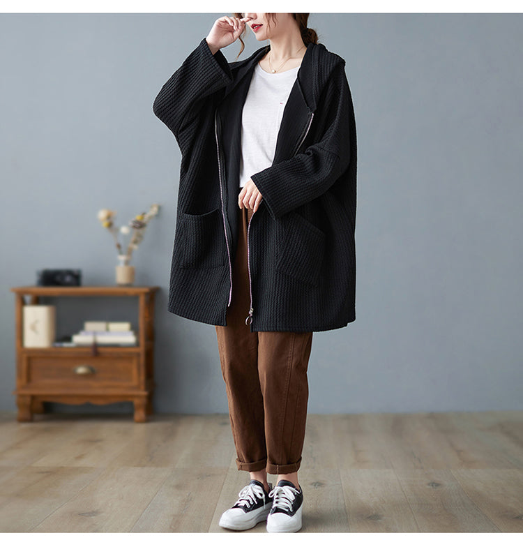 Hooded Textured Swing Coat Stripe Fabric Zipper Closure Fall/Winter Cranberry