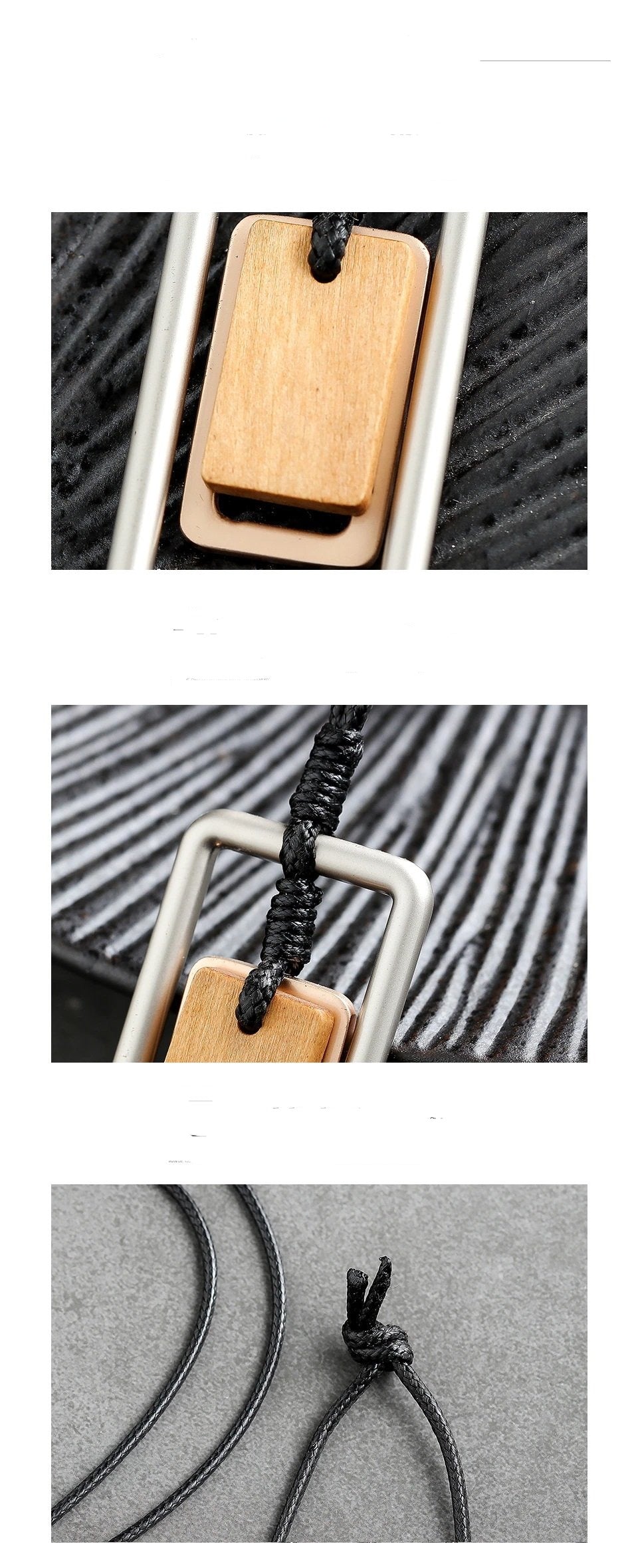 Long Necklace Metal & Wood Geometric Rect. Pendant on Black Leather Cord Silver/Brown Wood