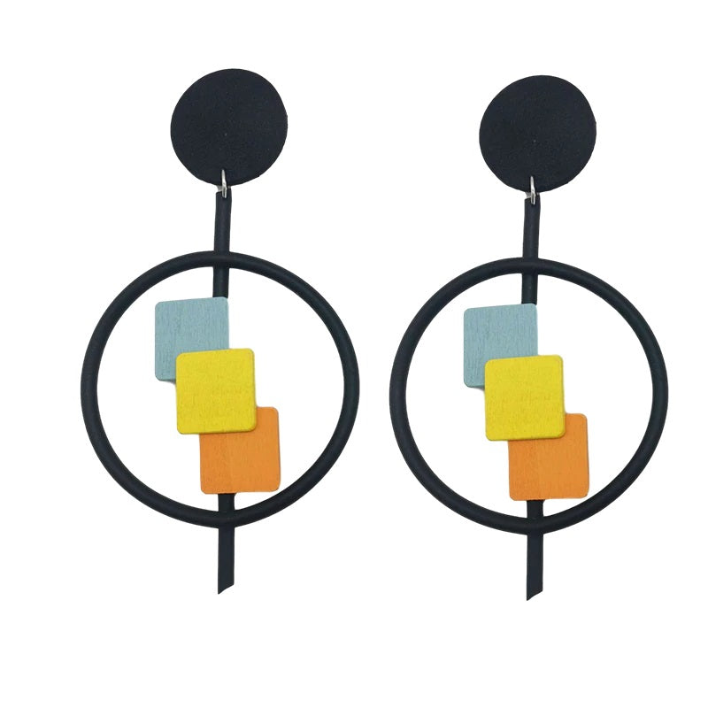 Recycled Rubber/Silicone Round Drop Earrings with Geometric Wooden Accents