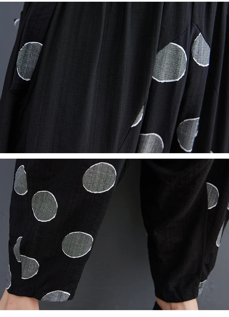 Broadcloth Dot Accent Harem Pants with Pockets Black with Gray Dots