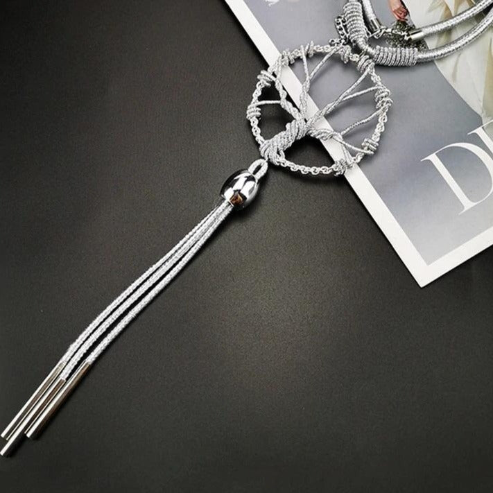 Tree Of Life Pendant Long Necklace With Tassel Silver Tone