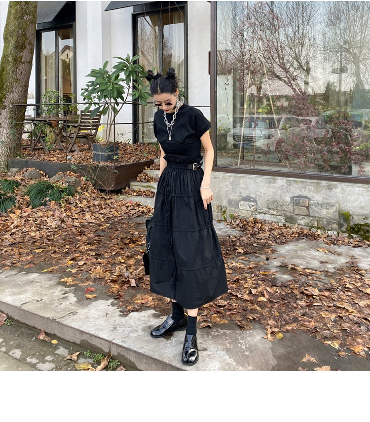 High Waisted Tulip Skirt Long Skirt with Leather Belt at Waist Band Black