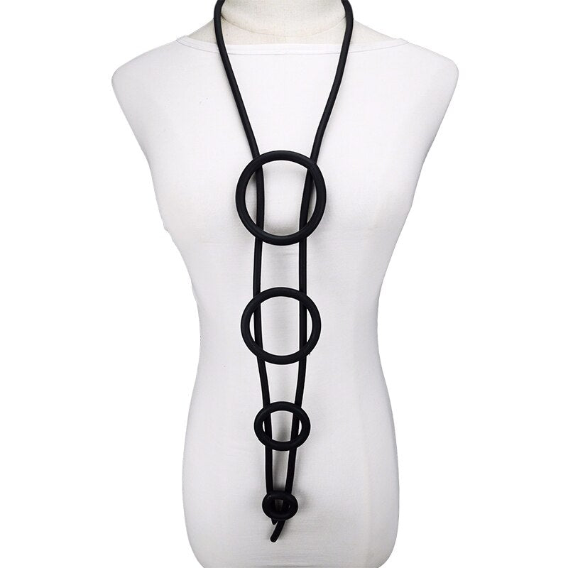 Recycled Rubber and Silicone 4 Circles Round Pendant Long Necklace Black