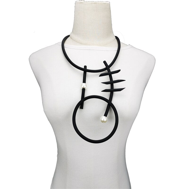 Recycled Rubber and Silicone Geometric Pearl Statement Pendant Necklace Black