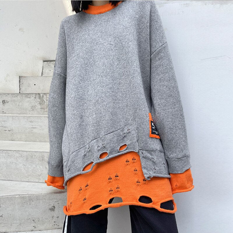 Rounded Collar Two Layer Oversized Knit Tunic Long Sleeve Gray/Orange